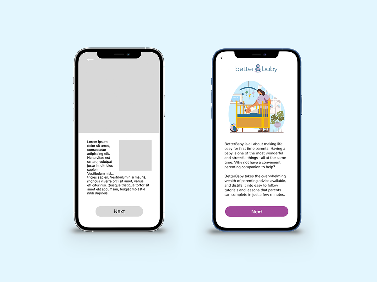 Better Baby App first introductory screen wireframe and final version side by side